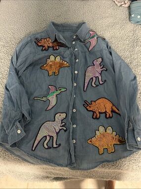 Embellished Denim Button-Up Shirt with Colorful Sequin Dinosaurs